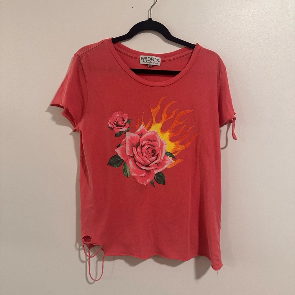 WILDFOX LA pink flaming rose distressed t-shirt Medium